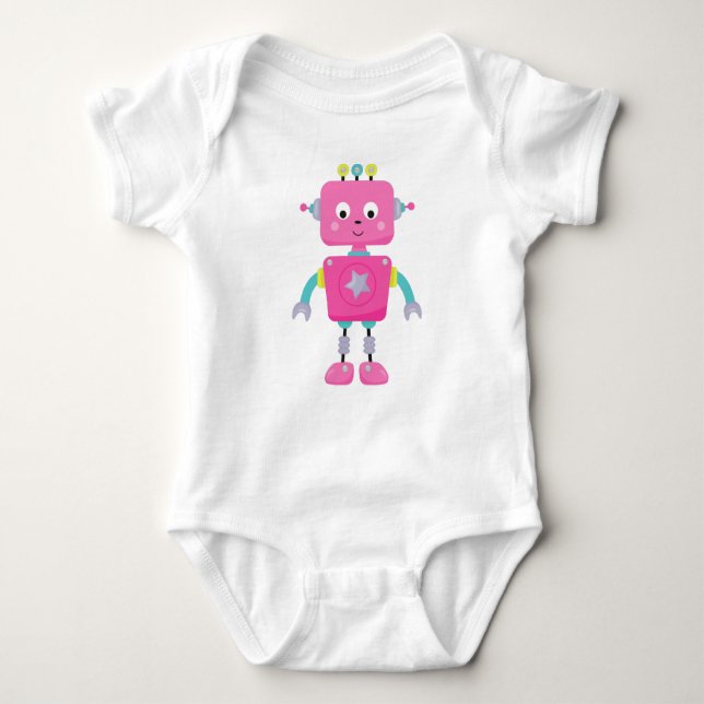 Cute Robot, Funny Robot, Silly Robot, Pink Robot Baby Bodysuit (Front)