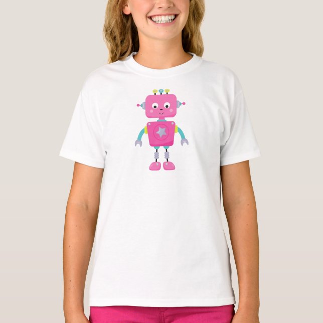 Cute Robot, Funny Robot, Silly Robot, Pink Robot T-Shirt (Front)