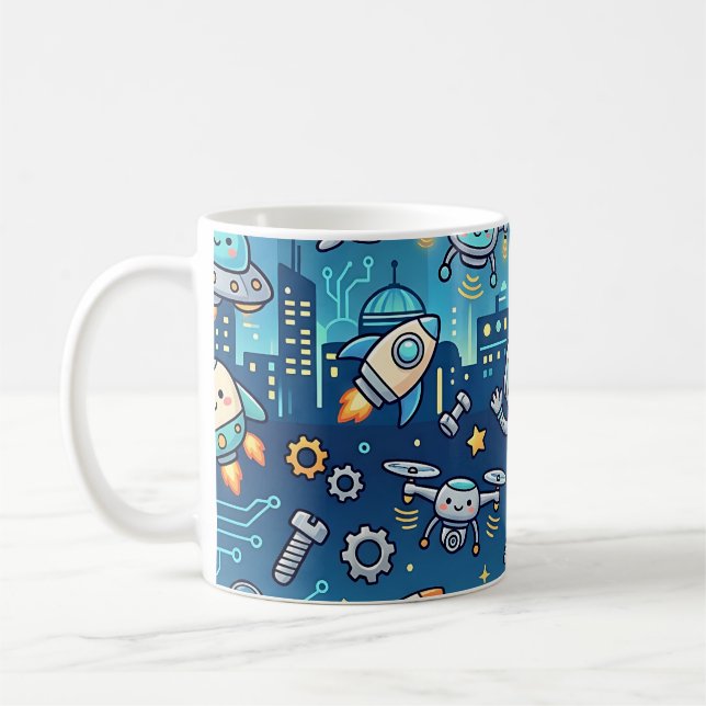 Cute Robot Future City Mug - Tech Pattern (Left)