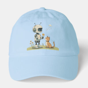 Cute Robot Gives Flower to Cat Wholesome Kids Art Hat