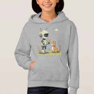 Cute Robot Gives Flower to Cat Wholesome Kids Art Hoodie