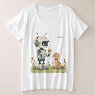 Cute Robot Gives Flower to Cat Wholesome Kids Art Plus Size T-Shirt