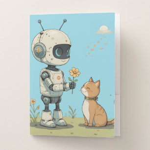 Cute Robot Gives Flower to Cat Wholesome Kids Art Pocket Folder