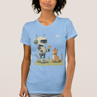 Cute Robot Gives Flower to Cat Wholesome Kids Art T-Shirt