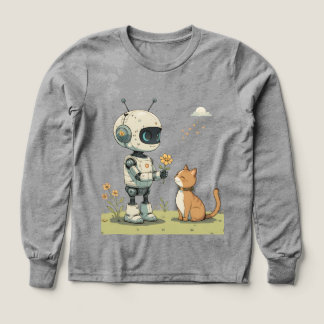 Cute Robot Gives Flower to Cat Wholesome Kids Art Tri-Blend Shirts