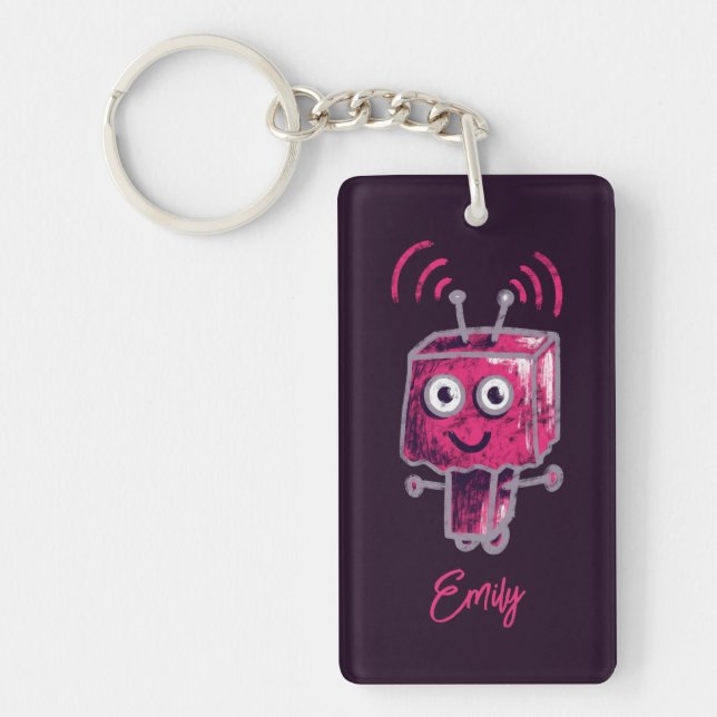 Cute Robot Grunge Pink Name Keychain (Front)