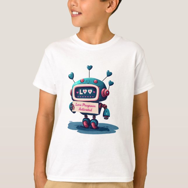 Cute Robot Happy Valentines Love Text Tee, Fun  T-Shirt (Front)