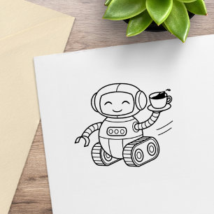Cute Robot Holding Coffee Rubber Stamp