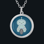 Cute Robot Illustration Silver Plated Necklace<br><div class="desc">Cute and friendly robot. This adorable little robot dude has an antenna on top of his head and a handy wheel at the bottom for moving around. His arms have grabby little clamps for grasping at things and has a typical robotic expressionless face.</div>