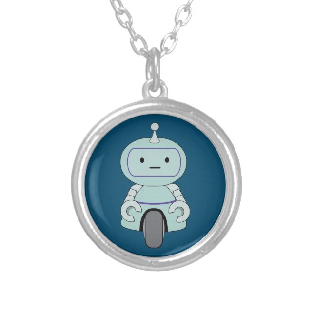 Cute Robot Illustration Silver Plated Necklace (Front)