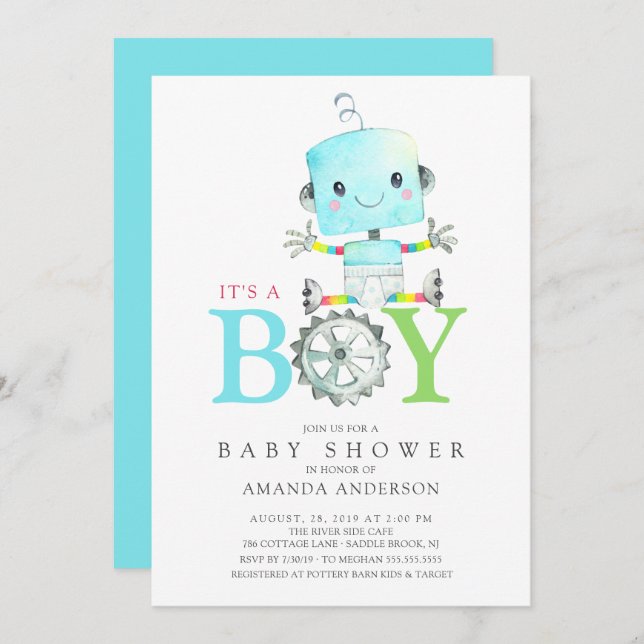 Cute Robot It's a Boy Baby Shower Invitation (Front/Back)