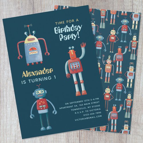 Cute Robot Kids 1st Birthday Party Invitation