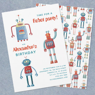 Cute Robot Kids Birthday Party Invitation