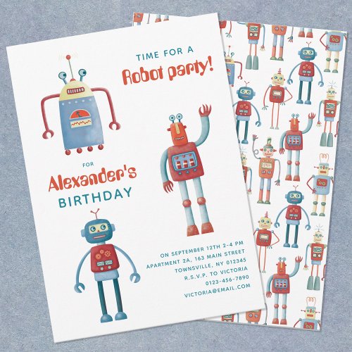 Cute Robot Kids Birthday Party Invitation