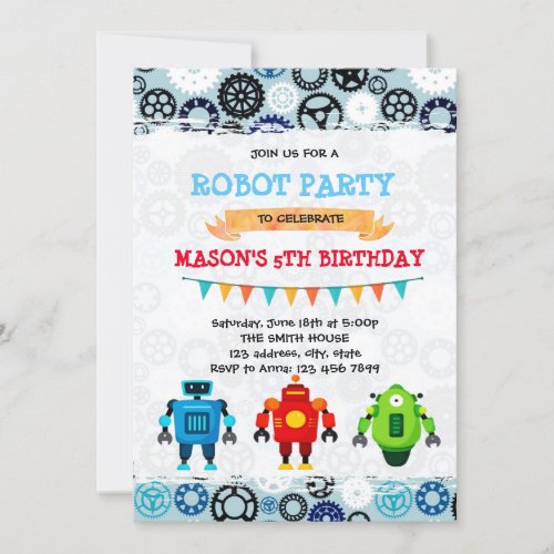 Cute robot party theme invitation