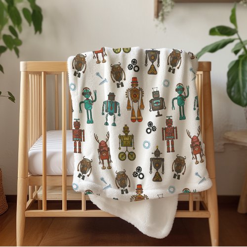 Cute Robot Pattern Kids Sherpa Blanket