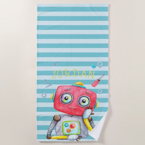Cute Robot Personalized Beach Towel