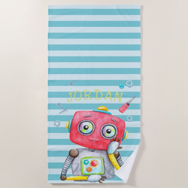 Cute Robot Personalized Beach Towel (Front)