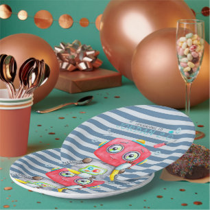 Cute Robot Personalized Birthday Party Paper Plates