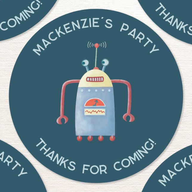 Cute Robot Personalized Thank You Classic Round Sticker (Robot kids birthday party personalized custom name and text thank you sticker)