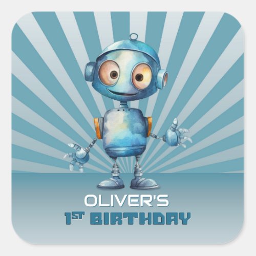 Cute Robot Theme 1st Birthday Invitation  Square Sticker