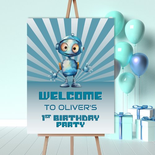 Cute Robot Theme 1st Birthday Welcome Sign