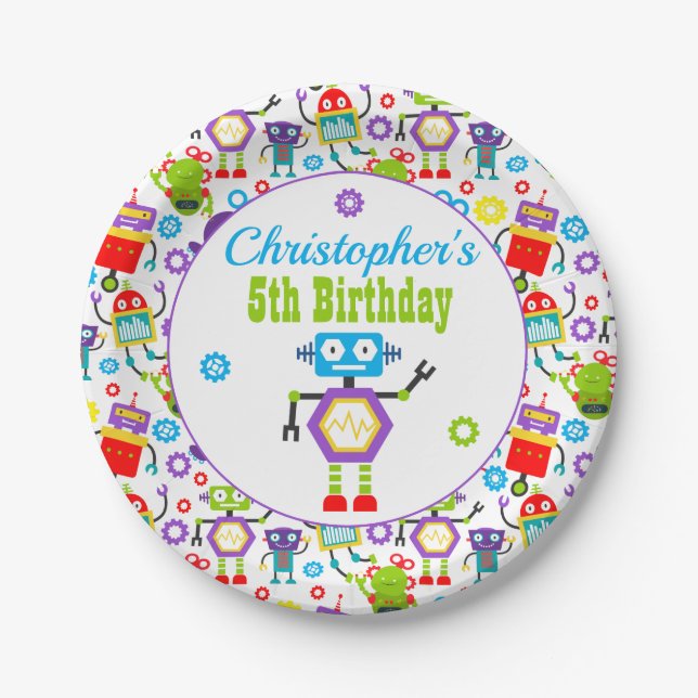 Cute Robot Theme Birthday Party Paper Plates (Front)