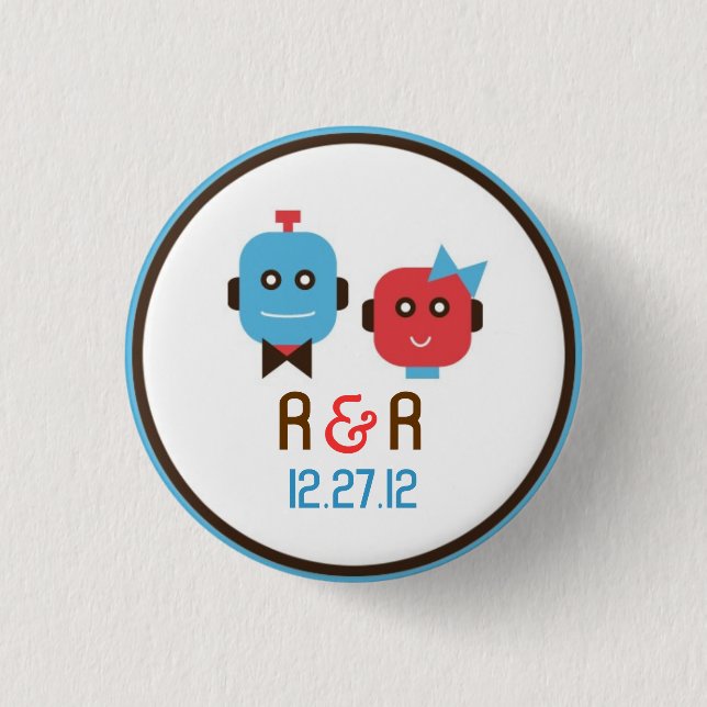 Cute Robot Theme Wedding Pinback Button (Front)