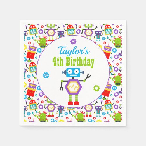 Cute Robot Themed Birthday Party Napkins