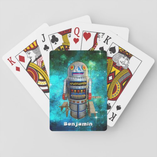Cute Robot Toy Galaxy Custom Name Vintage Retro Playing Cards