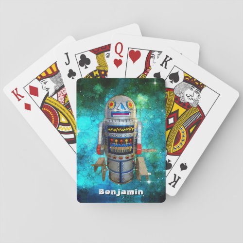 Cute Robot Toy Galaxy Custom Name Vintage Retro Poker Cards