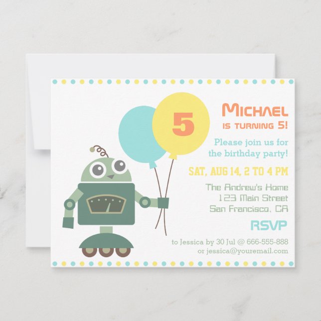 Cute Robot with Balloon Birthday Party Invitations (Front)