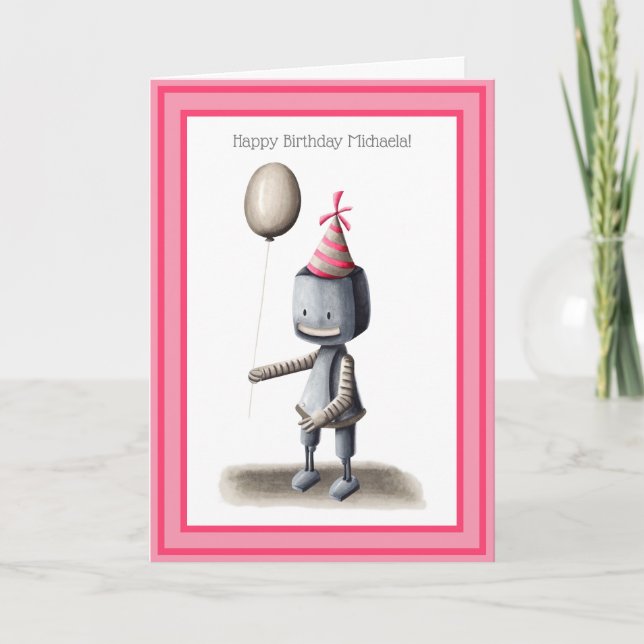 Cute Robot with Balloon Personalized Birthday Card (Front)