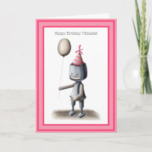 Cute Robot with Balloon Personalized Birthday Card