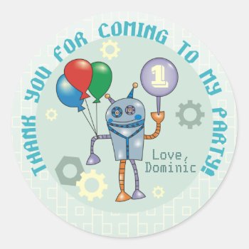 Cute Robot With Balloons First Birthday Stickers by goodmoments at Zazzle