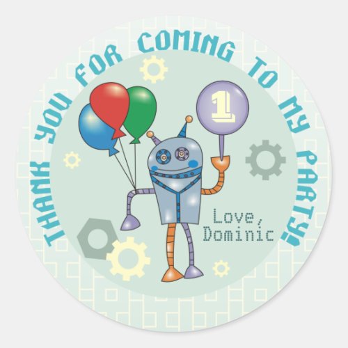 Cute Robot with Balloons First Birthday Stickers