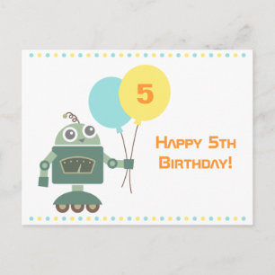 Cute Robot with Balloons, Kids Happy Birthday Postcard