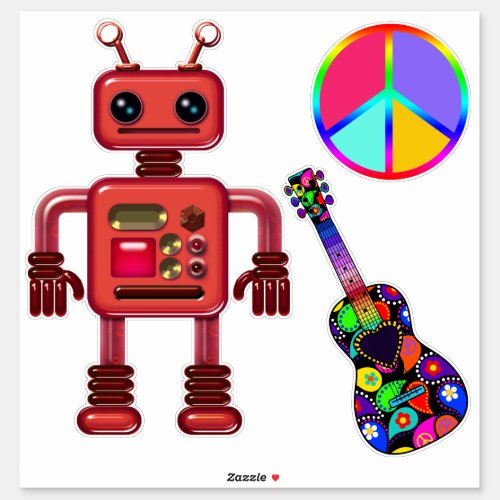 Cute Robot with Peace Sign and Guitar Fun Sticker