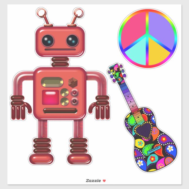 Cute Robot with Peace Sign and Guitar Fun Sticker (Sheet)