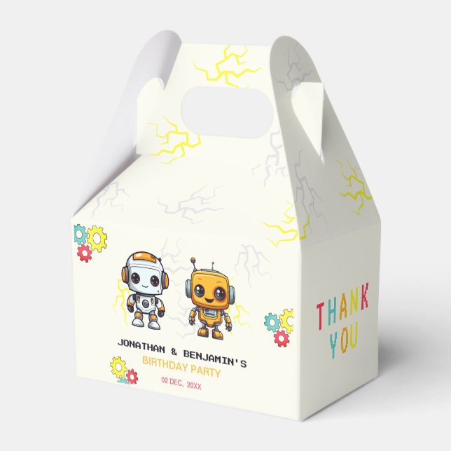 Cute Robots Boys Together Joint Birthday  Favor Boxes (Back Side)