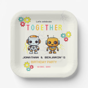 Cute Robots Boys Together Joint Birthday Paper Plates