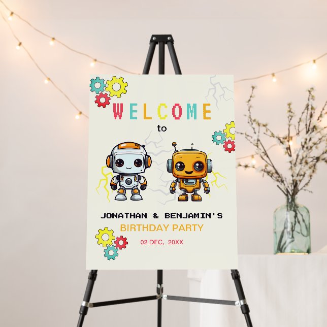 Cute Robots Boys Together Joint Birthday Welcome Foam Board (In Situ (Stand))
