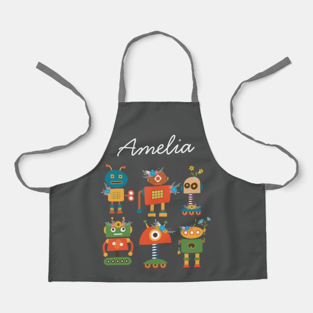 Cute robots colorful kids art or cooking apron (Front)