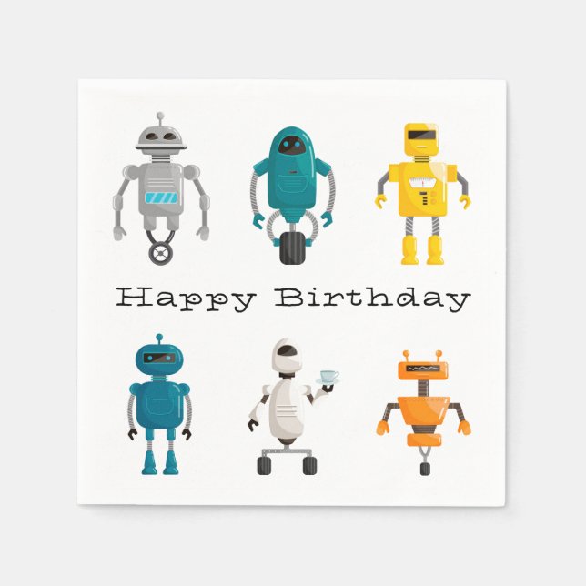 Cute Robots Droids Happy Birthday Napkins (Front)