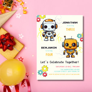 Cute Robots Futuristic Boys Joint Birthday Invitation