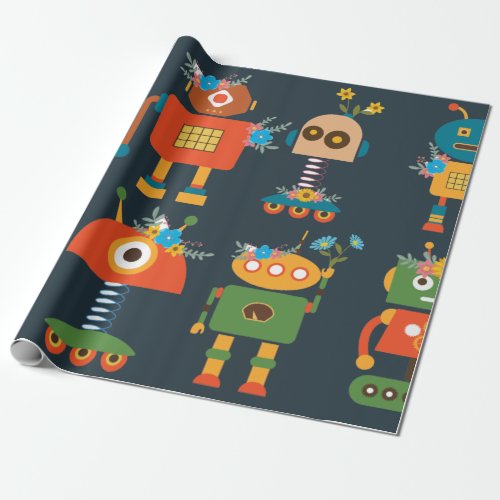 Cute robots kids design wrapping paper
