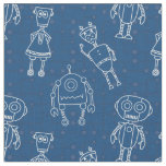 Cute robots on classic blue fabric