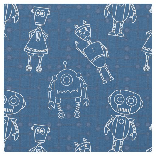 Cute robots on classic blue fabric
