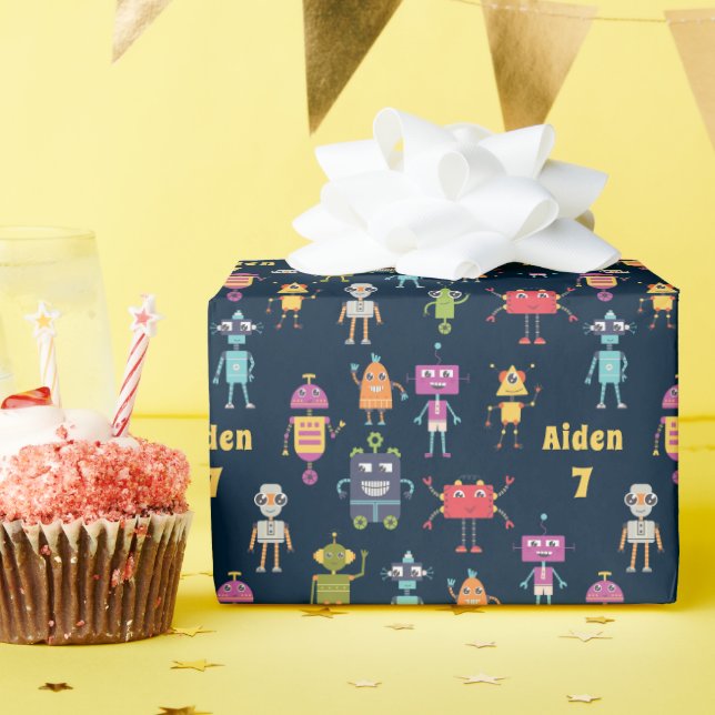 Cute Robots Pattern Name Age Birthday Wrapping Paper (Birthday Party)