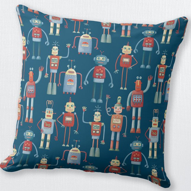 Cute Robots Throw Pillow (Fun retro robot pattern throw pillow)